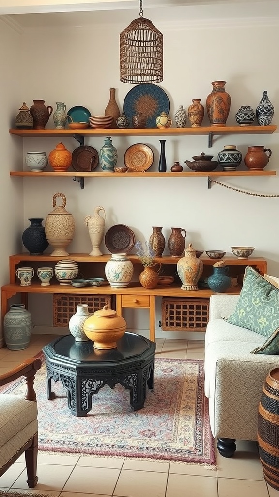 A cozy living room featuring a variety of Moroccan ceramic pottery on wooden shelves, with a decorative table in the foreground.