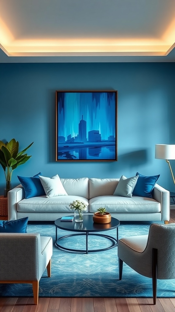 Living room with cerulean blue art pieces and coordinated decor