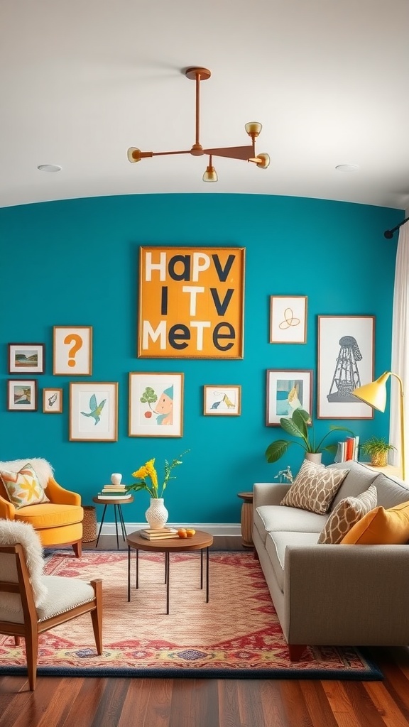 Living room with cerulean blue accent wall, orange chairs, gray sofa, and playful artwork.