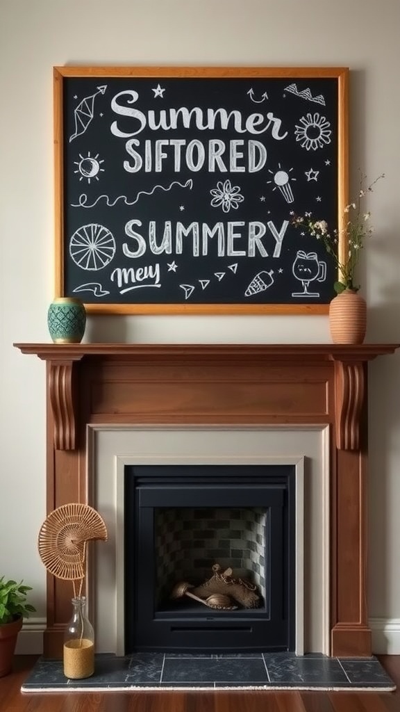 A mantel decorated with chalkboard art reading 'Summer Siftored' and 'Summery', surrounded by decorative vases and a plant.