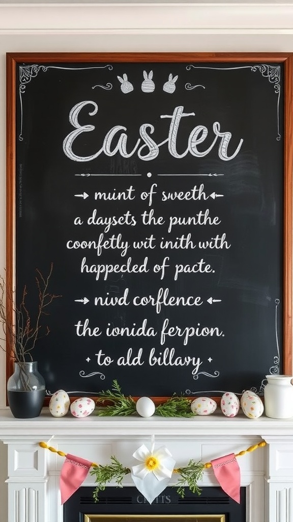 Chalkboard with Easter greetings and decorations on a mantel