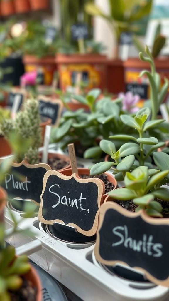 Chalkboard plant labels in small pots, each label displaying a different plant name.