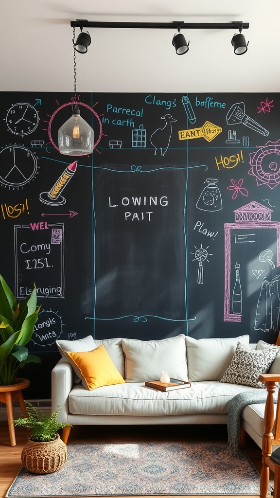 A living room featuring a chalkboard wall filled with colorful chalk drawings and notes, alongside a cozy sofa and plants.