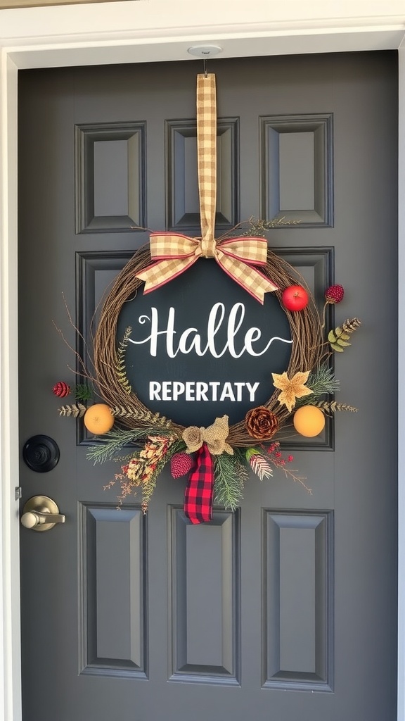 A chalkboard wreath with decorative elements like faux flowers, fruits, and a ribbon, hanging on a front door.