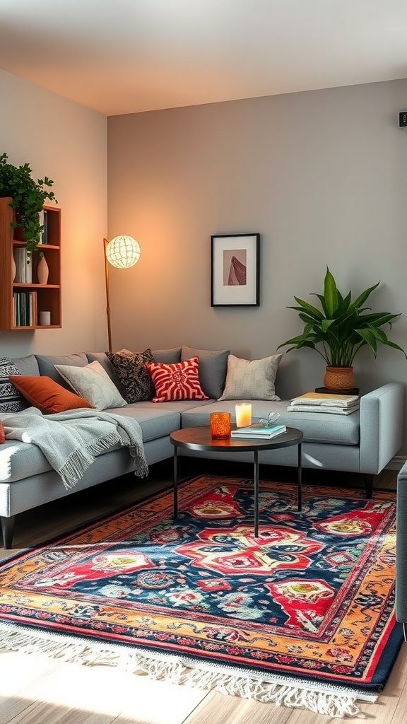 A cozy dorm living room with a colorful accent rug, modern sofa, and decorative elements.