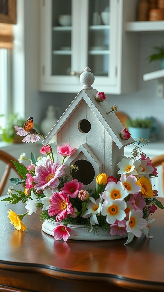 A charming birdhouse centerpiece surrounded by colorful flowers on a kitchen table.