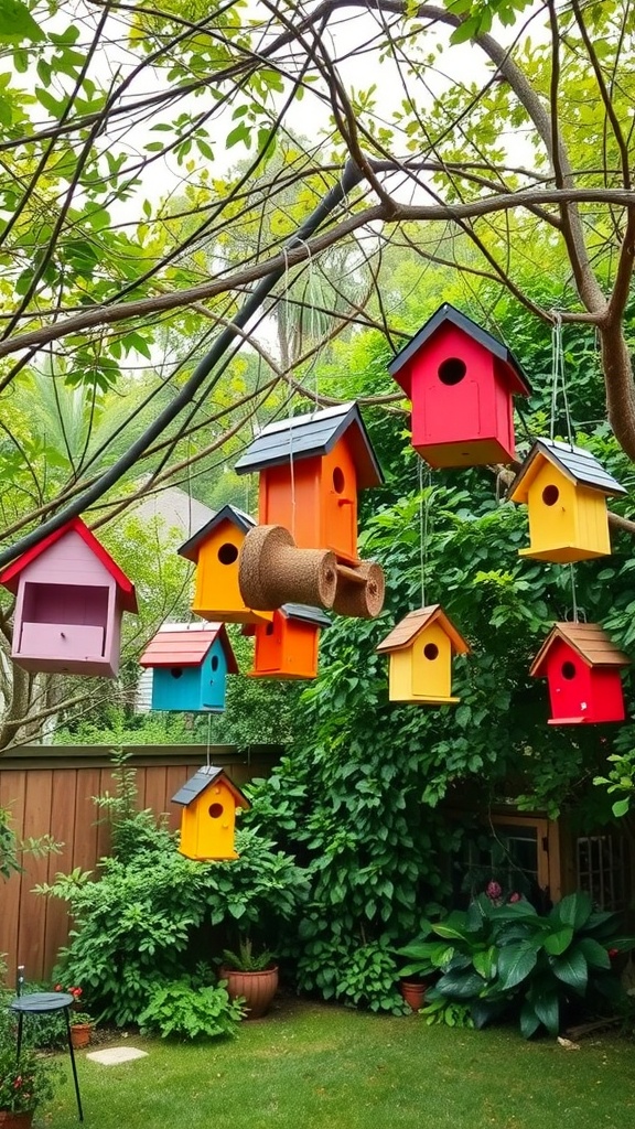 Colorful birdhouses hanging from tree branches in a lush backyard