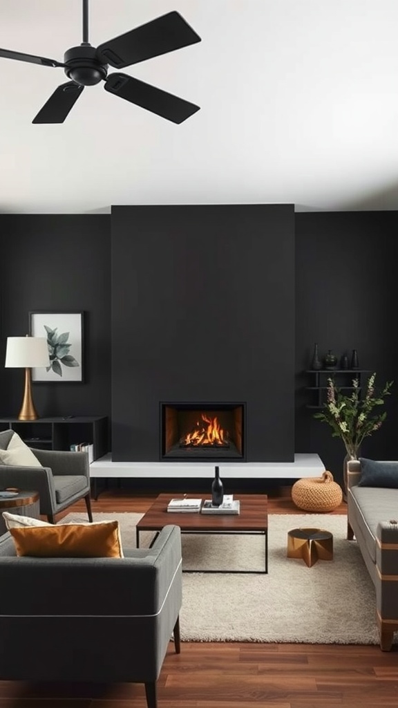 A stylish living room featuring a black fireplace, cozy seating, and warm lighting.