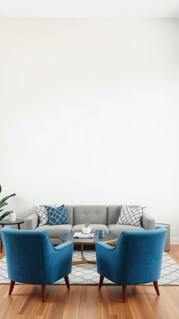 A living room featuring blue accent chairs and a gray sofa, arranged around a coffee table on a patterned rug.