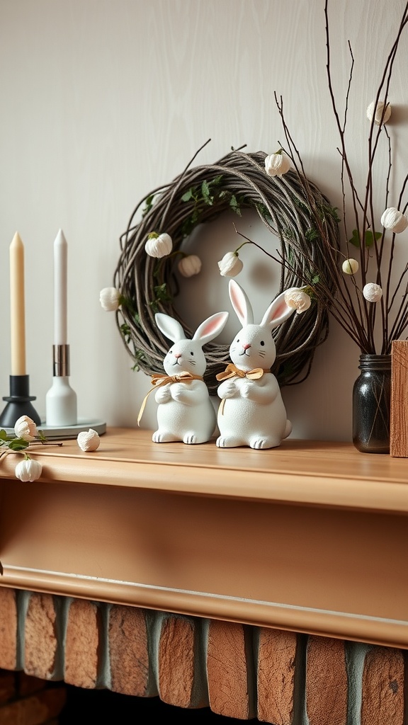 Two charming white bunny figurines on a mantel with a natural wreath and candles