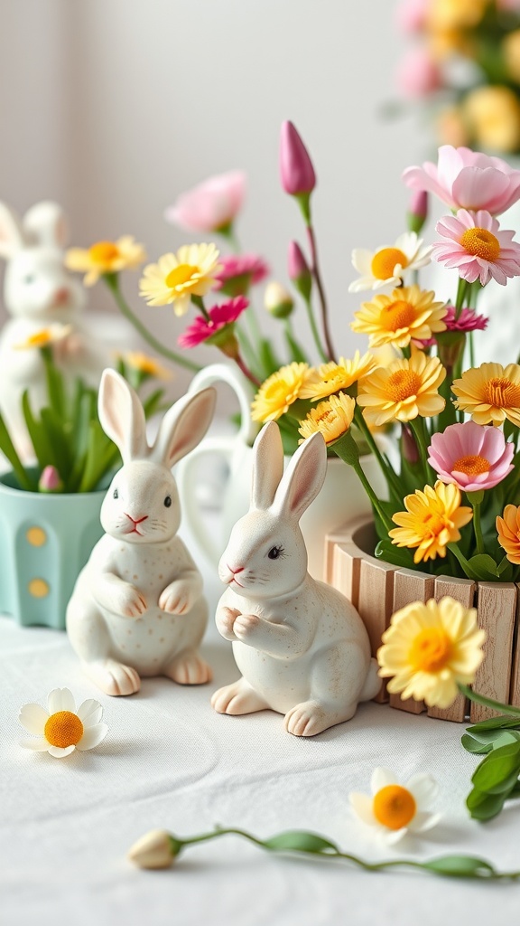 Charming bunny figurines surrounded by colorful flowers on a spring table.