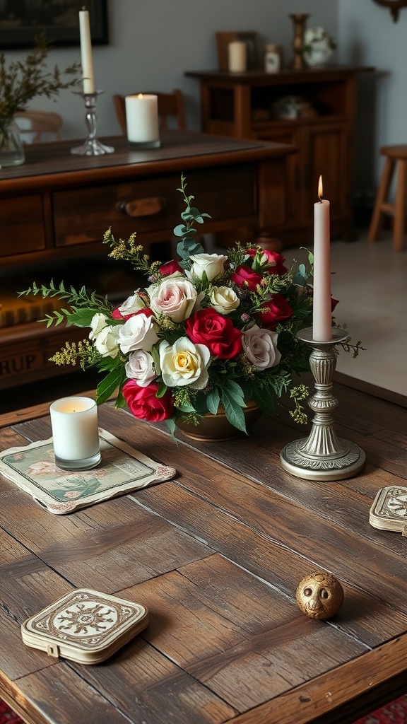 Charming coffee table in a cottagecore aesthetic living room featuring a floral arrangement, candles, and rustic elements.