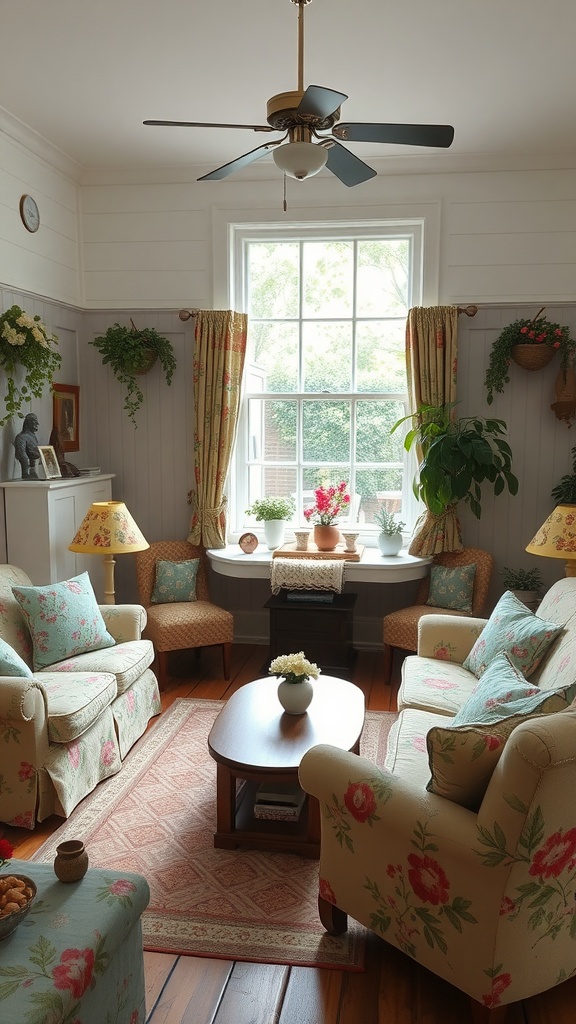 Cozy cottage living room with floral furniture, large window, and decorative plants