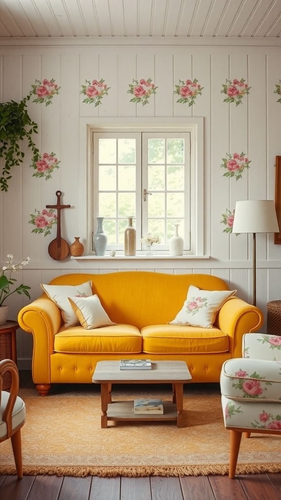 A cozy living room featuring a bright yellow couch, floral wallpaper, and wooden accents, creating a charming cottage atmosphere.