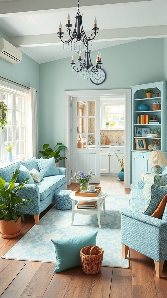 A cozy cottage living room with blue walls, elegant chandelier, and comfortable seating arrangements.