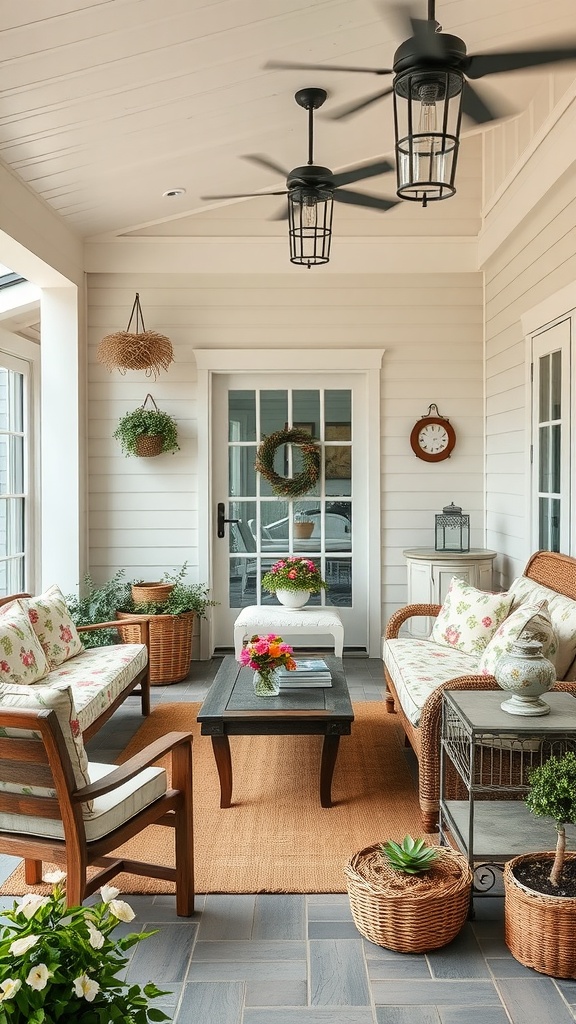 A cozy outdoor living room featuring floral cushions, wooden furniture, potted plants, and ceiling fans.