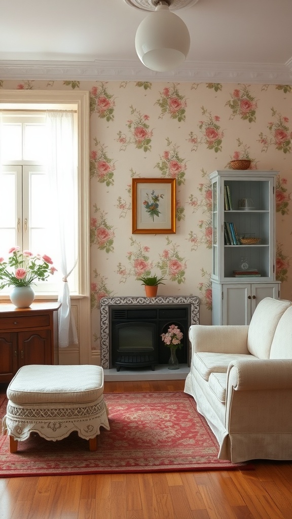 A cozy living room featuring floral wallpaper, a soft sofa, an ottoman, and a fireplace, creating a charming cottage style.