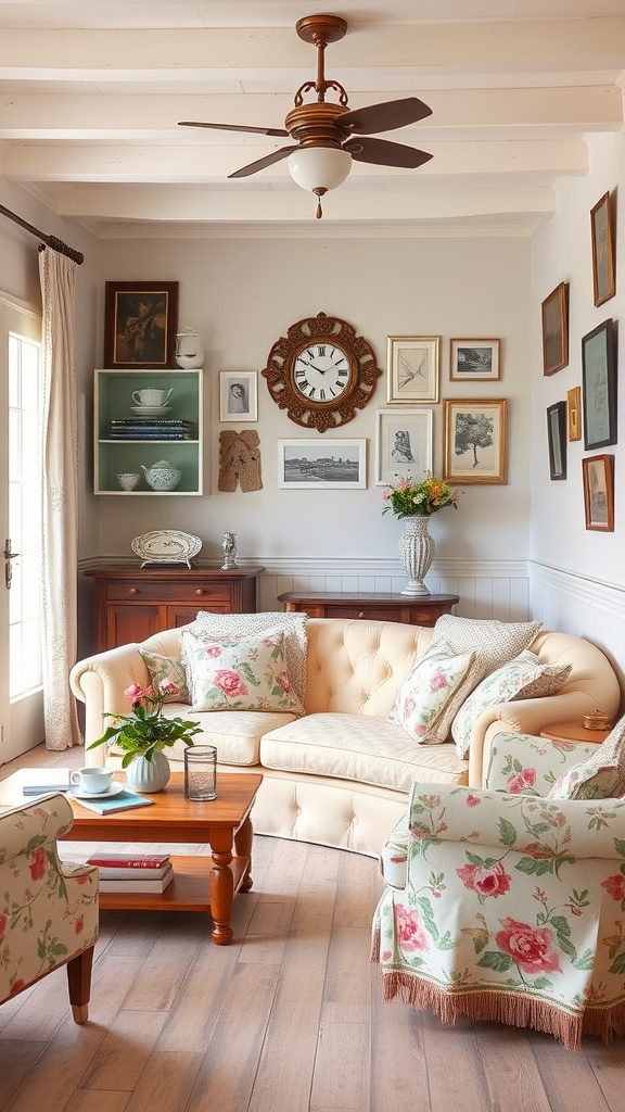 A cozy living room featuring a cream couch adorned with floral cushions, a wooden coffee table, and framed artworks on the wall