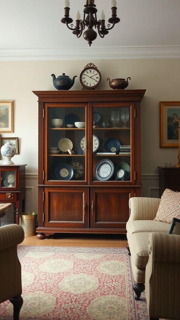 A wooden display cabinet in an old English living room, showcasing collectibles and decor items.