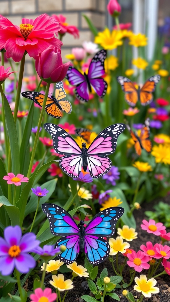 Colorful butterflies among bright flowers in a garden setting.