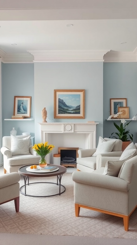 A cozy living room featuring duck egg blue walls, light-colored furniture, and decorative artwork.