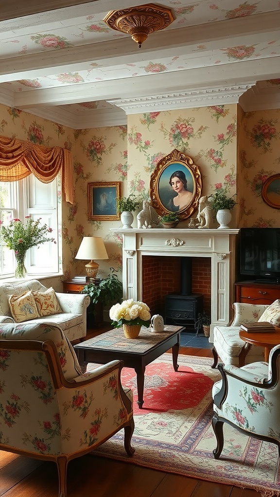 A cozy living room with floral wallpaper, elegant furniture, and a fireplace, showcasing English cottage style.