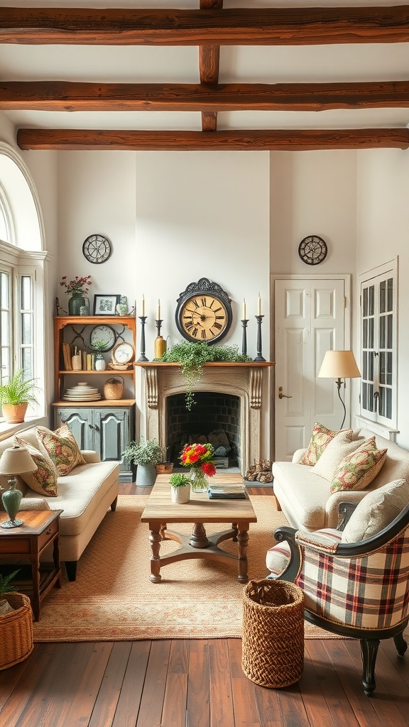 A charming farmhouse living room with wooden beams, cozy furniture, and a fireplace.