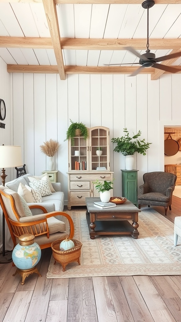 A charming farmhouse living room with white shiplap walls, wooden beams, comfortable seating, and decorative plants.