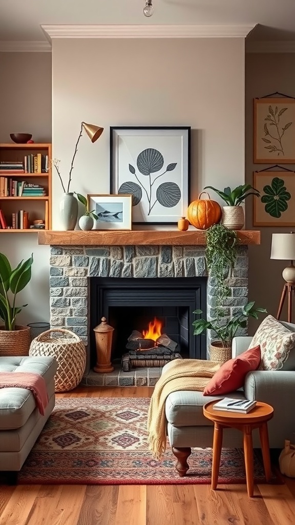 Cozy boho living room with a stone fireplace, warm glow, and stylish decor