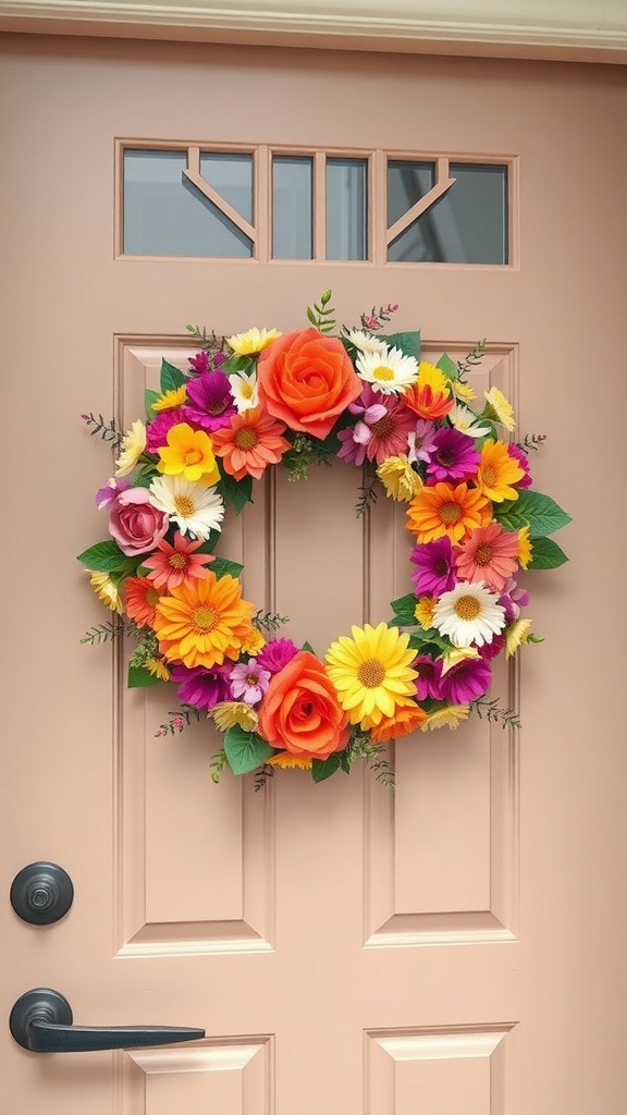 A colorful floral wreath made of various artificial flowers hanging on a peach-colored door.