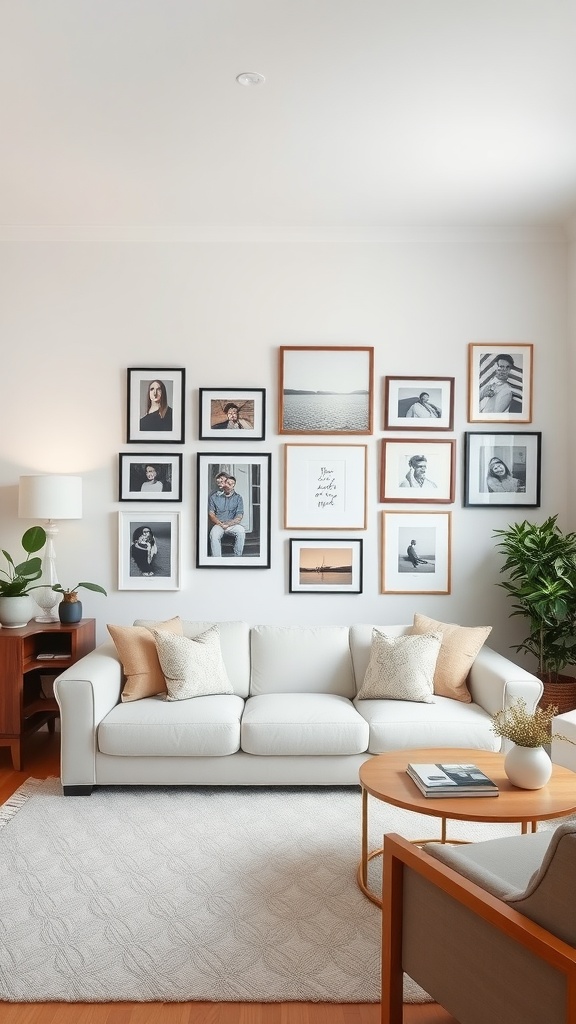 A stylish living room featuring a gallery wall of framed pictures above a light sofa.