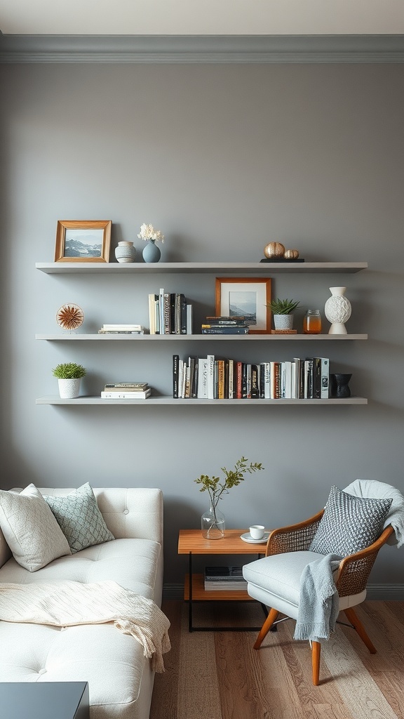 Stylish gray wall shelves with books and decor in a cozy living room setting