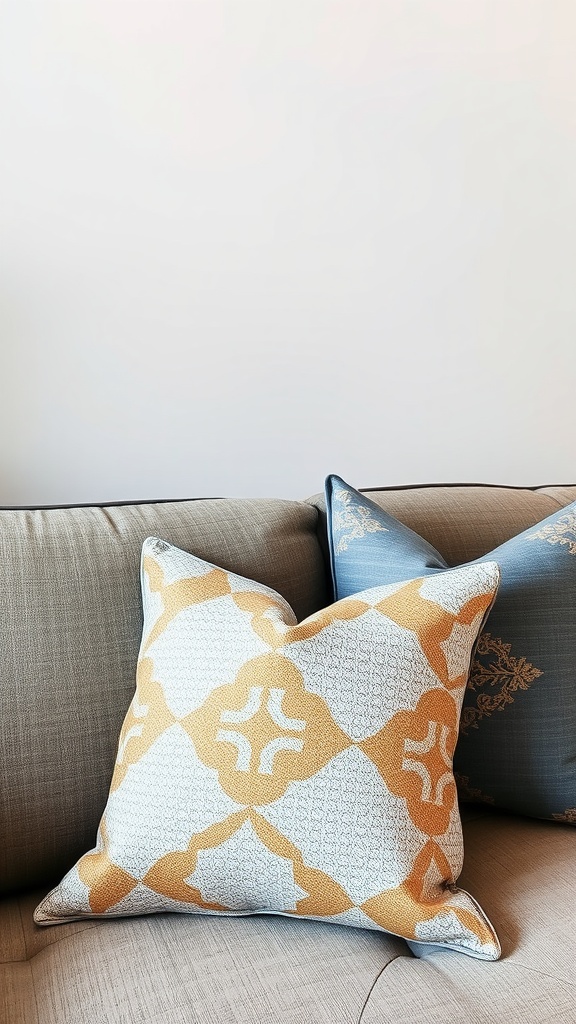 Decorative grey and gold pillows on a couch