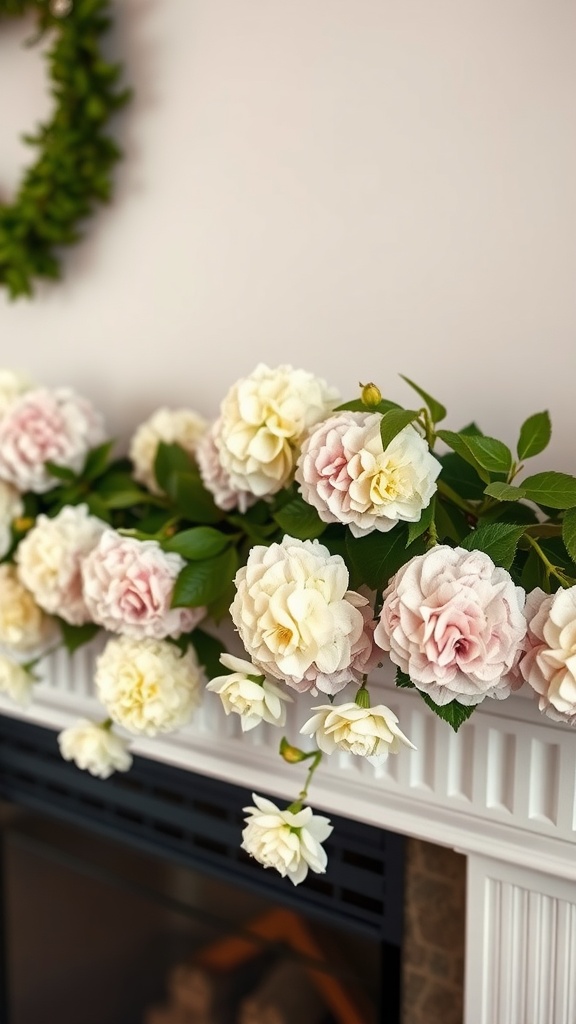 A beautifully decorated mantle with a hydrangea garland featuring soft pink and white flowers, complemented by a green wreath above.