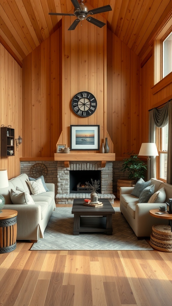 A cozy ranch-style living room featuring charming knotty pine paneling, a fireplace, and comfortable furniture