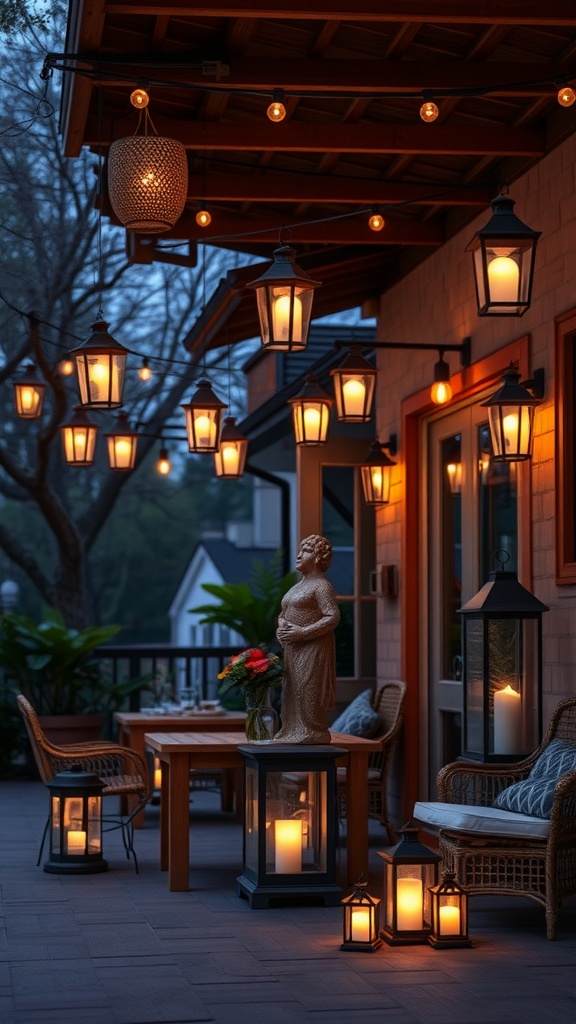 A cozy backyard with hanging lanterns and glowing lights creating a warm atmosphere.