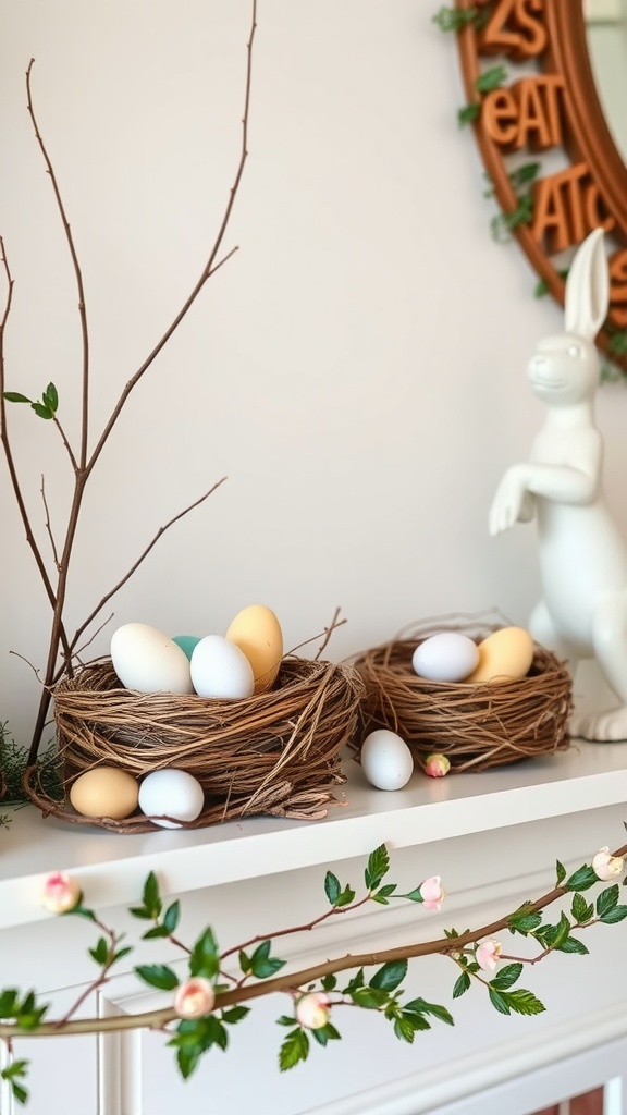 A mantel display featuring two nests with pastel-colored eggs, a white bunny statue, and spring branches with blossoms.