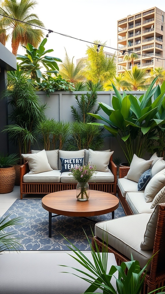 A cozy outdoor lounge area with comfortable seating, lush plants, and a warm wooden coffee table.