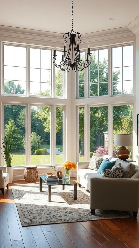 Bright and airy formal living room with large windows showing outdoor greenery