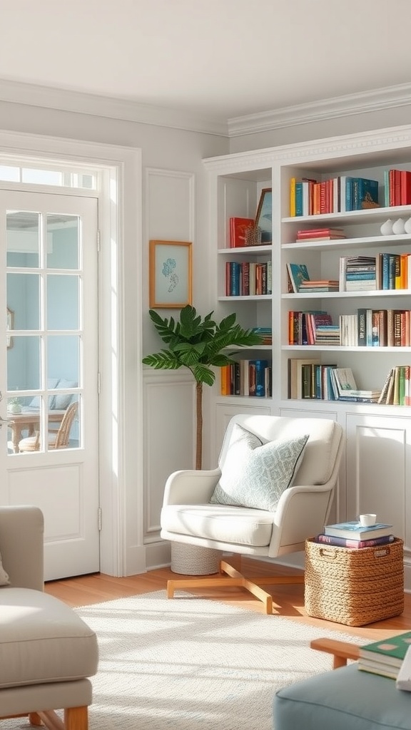 Cozy reading corner in a coastal living room with a chair, bookshelf, and plant