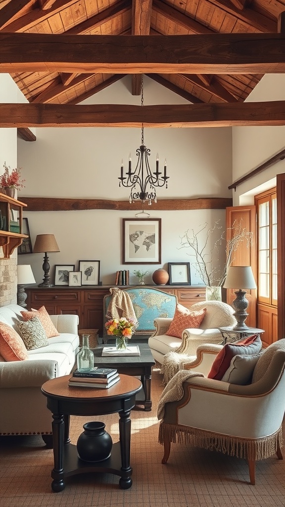 A cozy French country living room featuring rustic wooden beams, elegant light fixtures, comfortable seating with colorful cushions, and a charming coffee table.