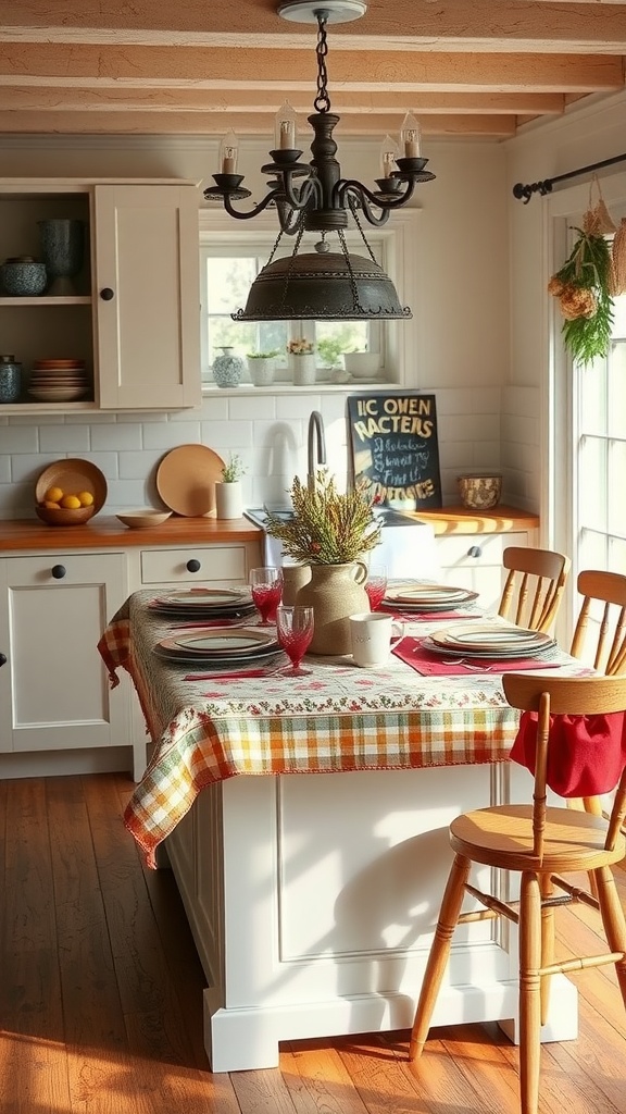 A cozy kitchen island with a colorful checkered tablecloth, set for a meal with plates and drinks.