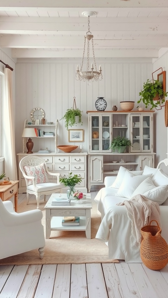 A cozy shabby chic living room with white furniture, vintage decor, and potted plants.