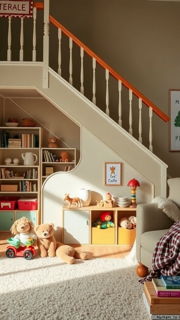 Living room with charming toy storage under the stairs, featuring colorful bins, plush toys, and books.