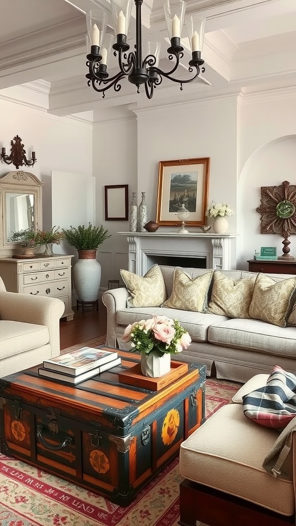 A charming living room featuring a colorful trunk as a coffee table surrounded by cozy sofas and elegant decor.