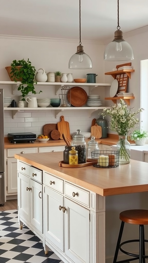 A cozy kitchen with a wooden island, open shelving displaying dishes, glass jars, and pendant lights.