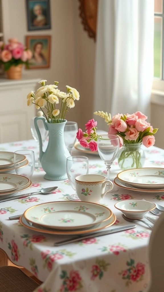 A vintage dinner table setting with floral dishware, fresh flowers in vases, and a patterned tablecloth