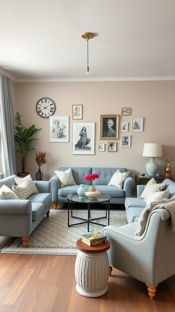 A cozy grey and white living room featuring vintage decor, a gallery wall with framed art, and plush seating.