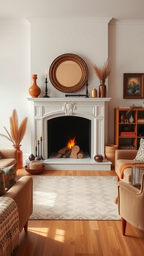 Cozy living room with a white fireplace and brown accents