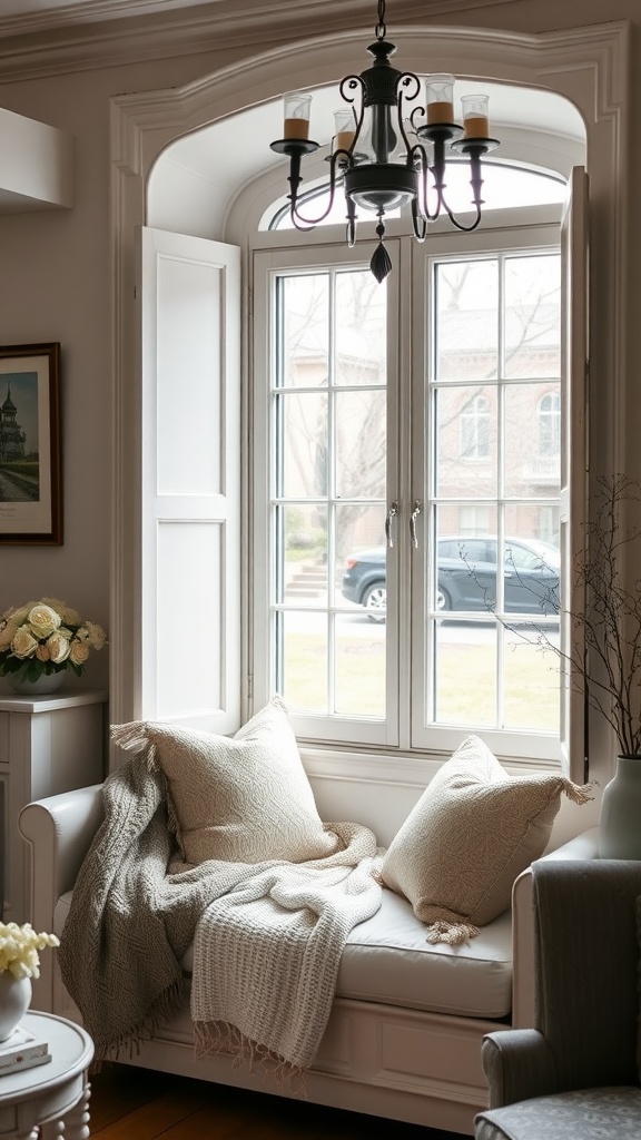 Cozy window seat with plush pillows and a throw blanket, featuring large windows for natural light